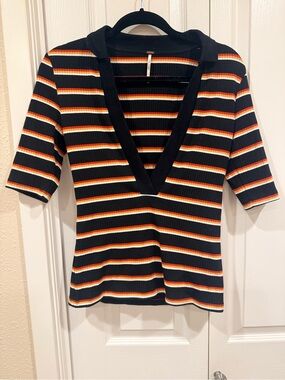 Free People Retro Striped Ribbed Polo Top | Deep V-Neck XS
